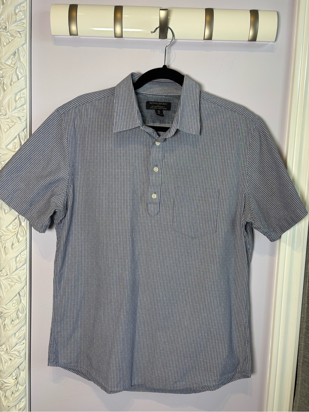 Banana Republic Men’s Short-Sleeve Polo in Navy and White Pinstripe